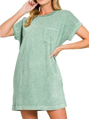Halo Snow Premium Cotton Washed T-Shirt Dress in Green